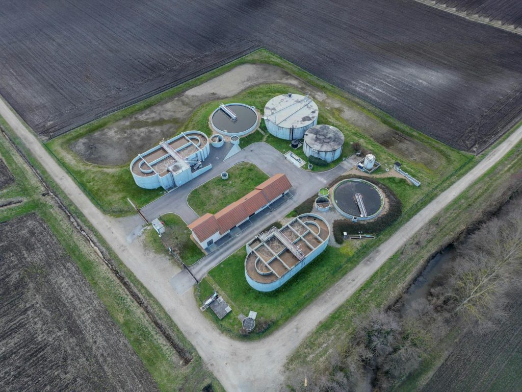 Aerial photo of sewage treatment plant in Saint-Marcel-Bel-Accueil, France.